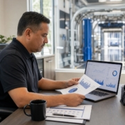 Car wash owner reviewing membership growth reports on a laptop in a modern office near tunnel operations