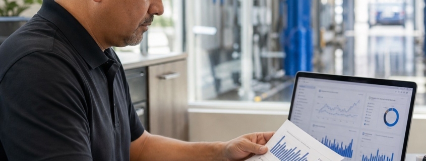 Car wash owner reviewing membership growth reports on a laptop in a modern office near tunnel operations