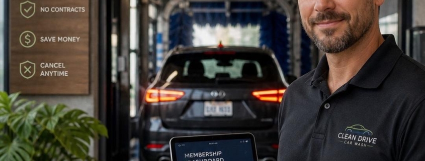 Man standing in front of car wash tunnel